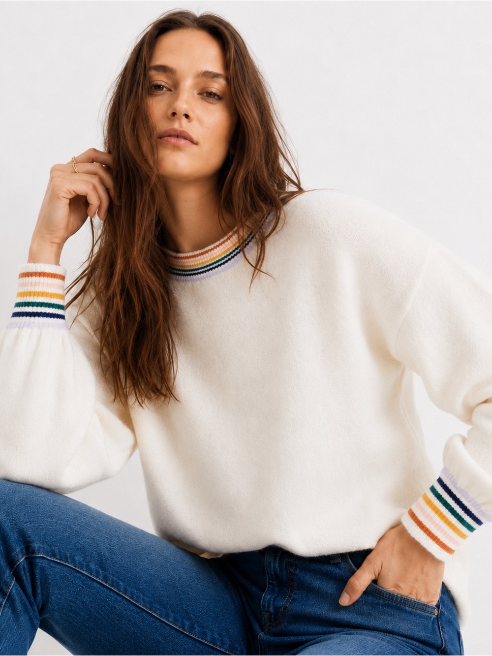 Madewell Gladwell Rainbow-Trim Balloon Sleeve Sweater Pearl Ivory Alpaca Blend S